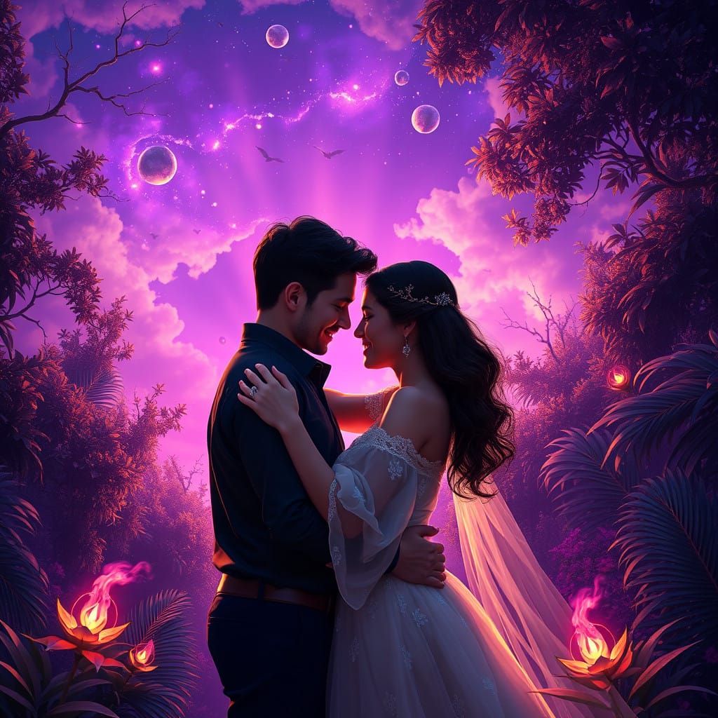 Enchanted Couple in Vibrant, Surreal Landscape