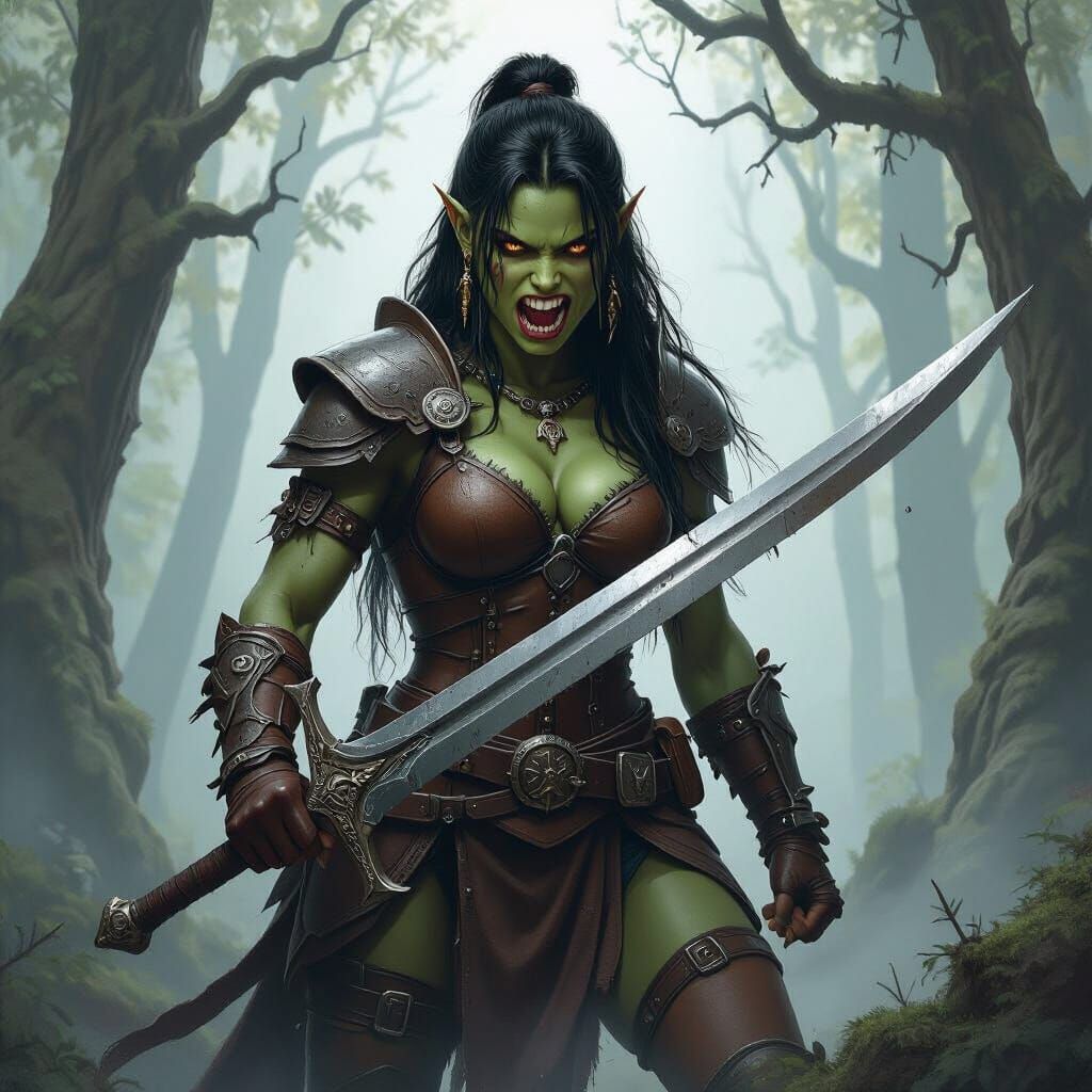Fierce Half-Orc Warrior in Misty Forest