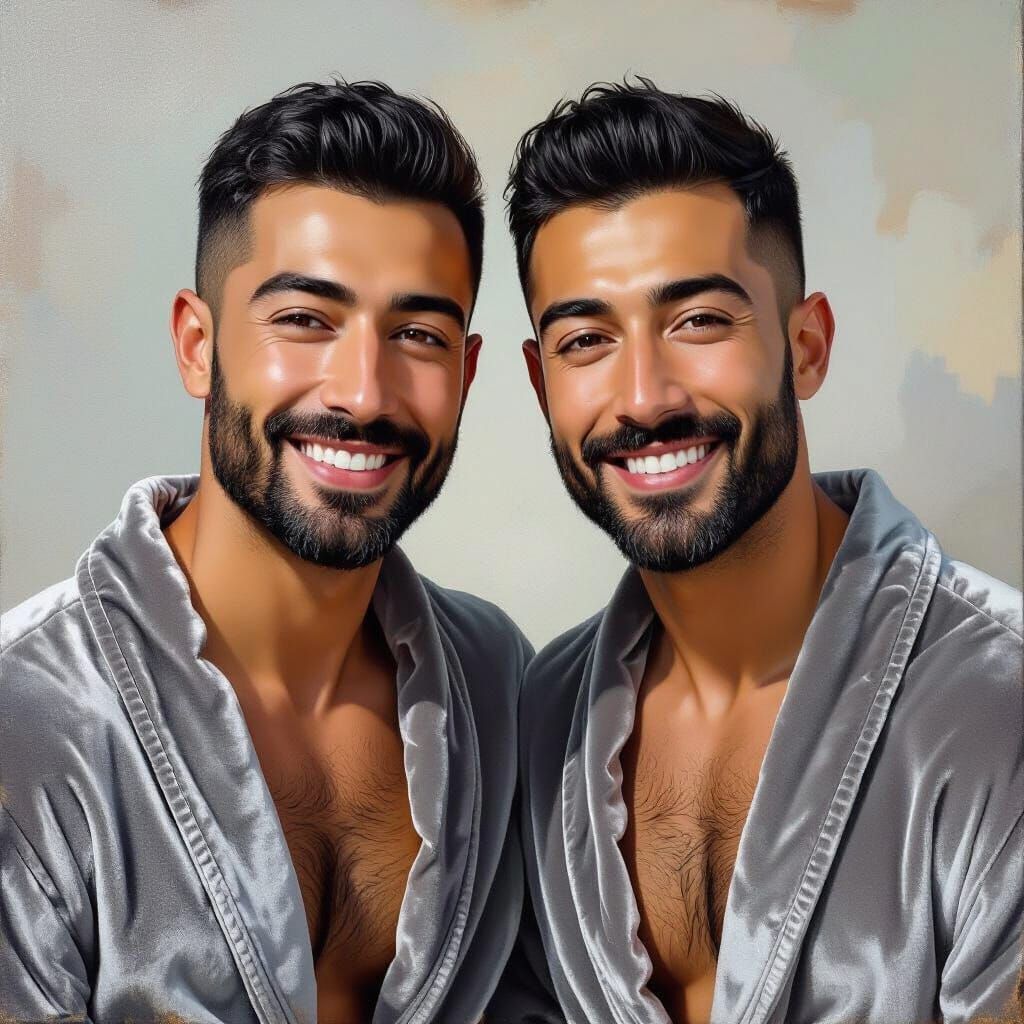 Impasto Oil Painting of Smiling Hunks in Velvet Robes
