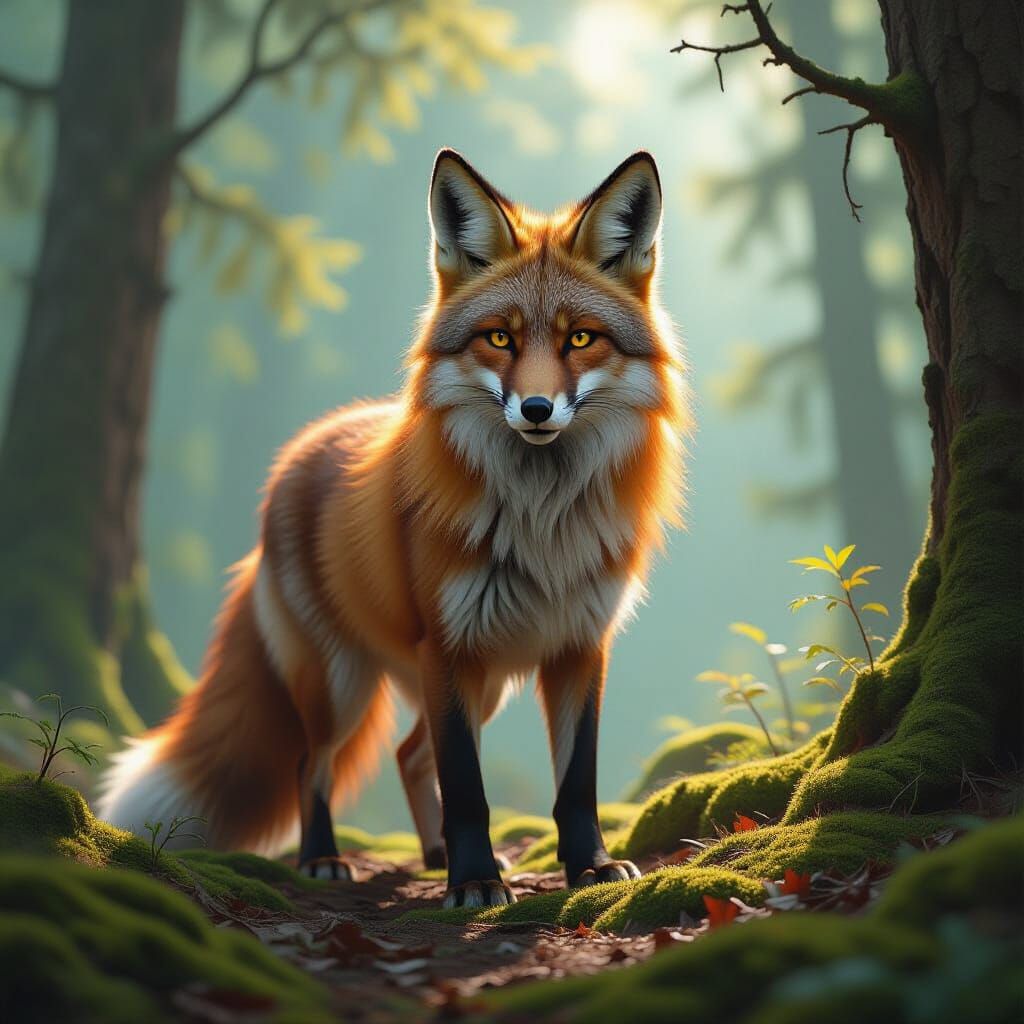 Mythical Fox-Wolf Hybrid in Enchanted Forest