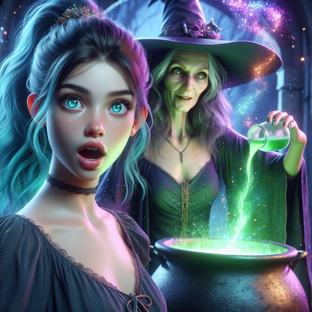 Teen Witch Potion Scene in Fantasy Castle