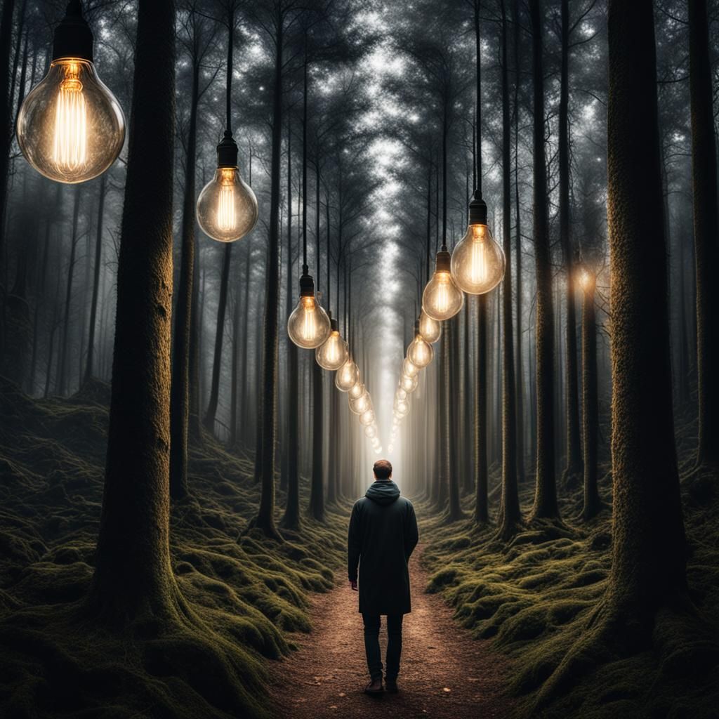 Person Contemplates Illuminated Path Through Forest