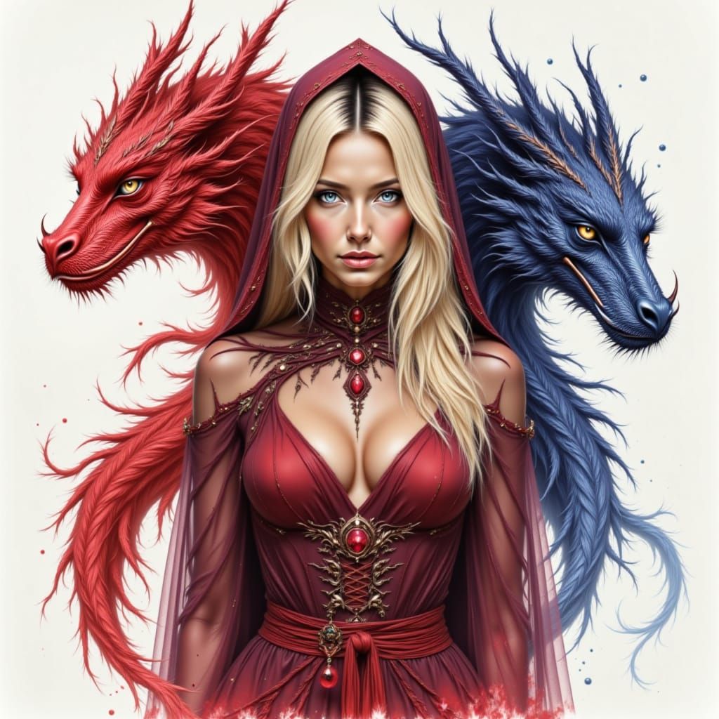 Witch Maiden with Dragons in Charcoal Style