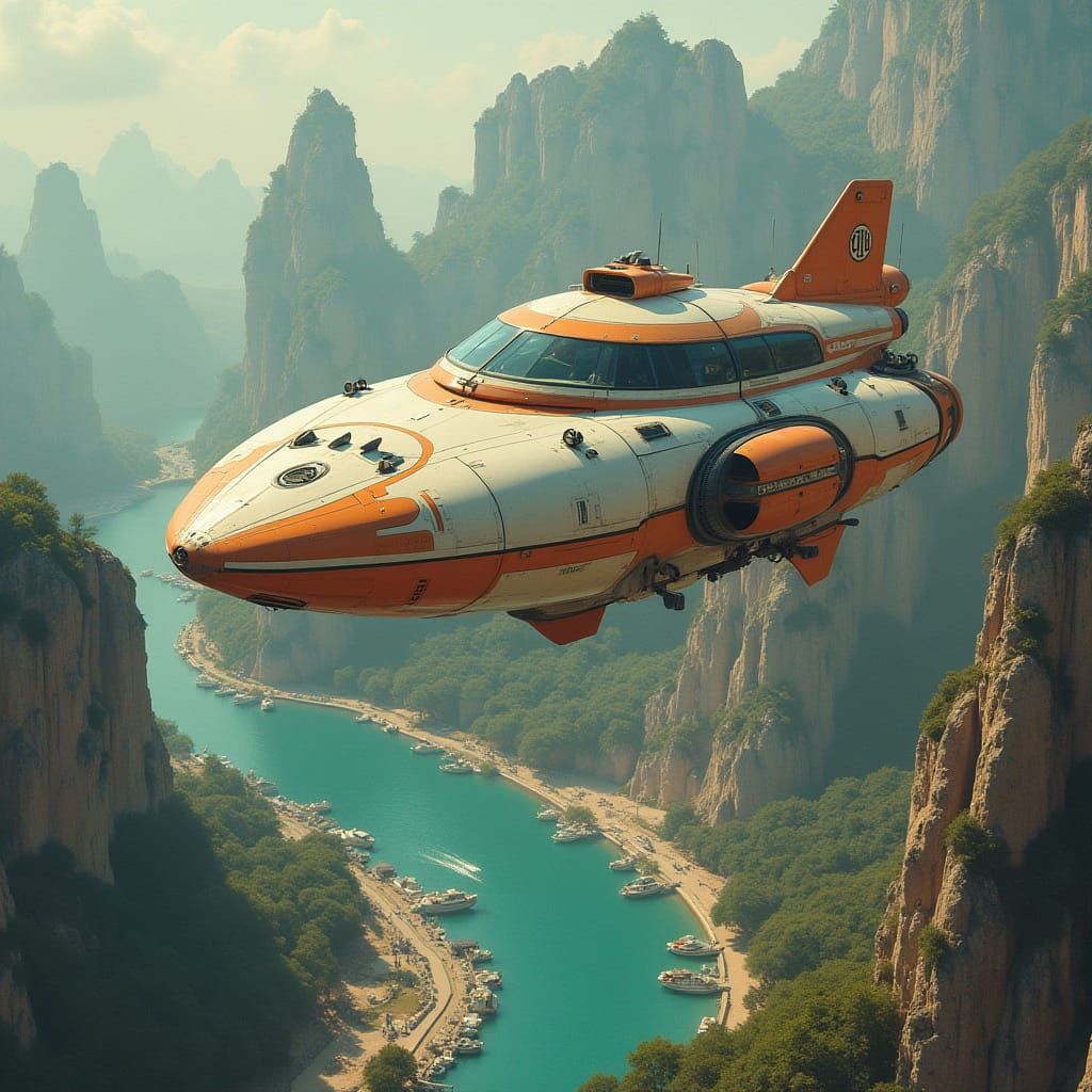 Retro-Futuristic Cityscape with Interstellar Spaceship Launc...