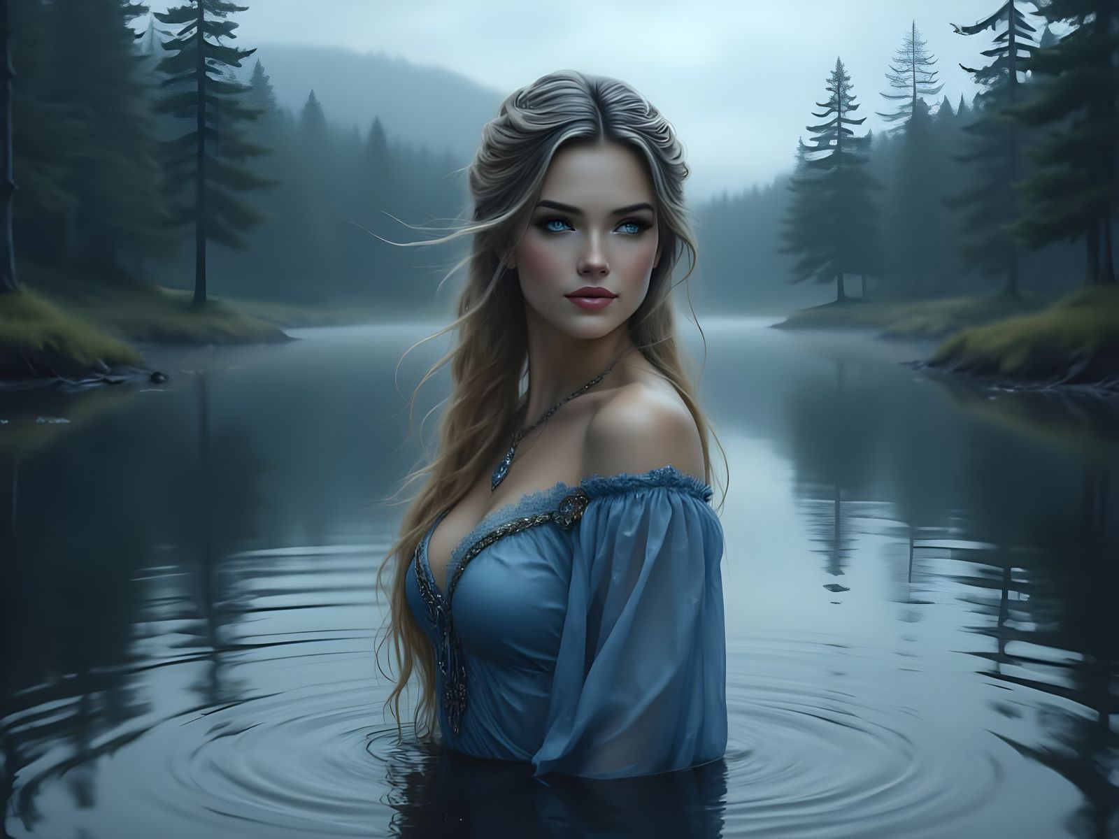 Norse Goddess in Misty Lake at Dusk