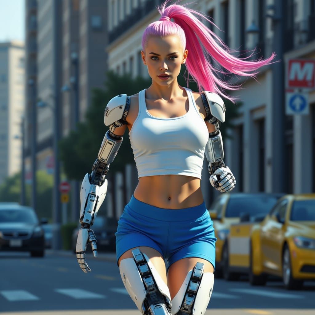 Cyborg Girl Running: Hyper-Realistic Digital Art