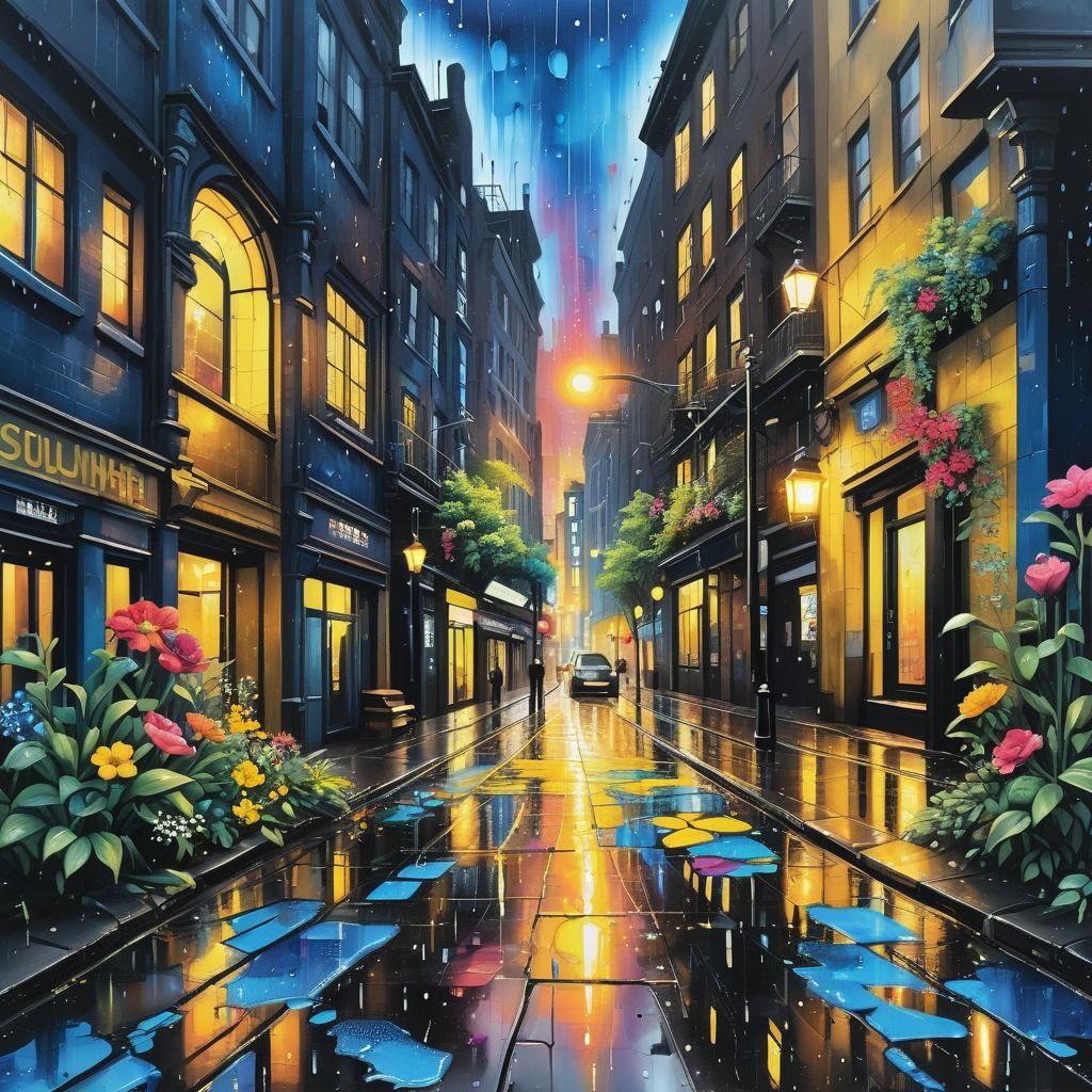 Rainy City Street Art at Dusk as Digital Art