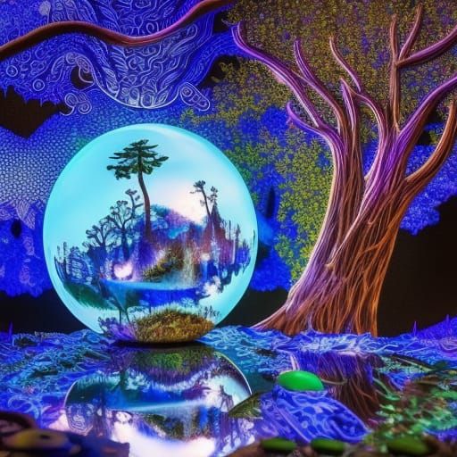 Enchanted Forest in Glass Orb with Bioluminescent Flora