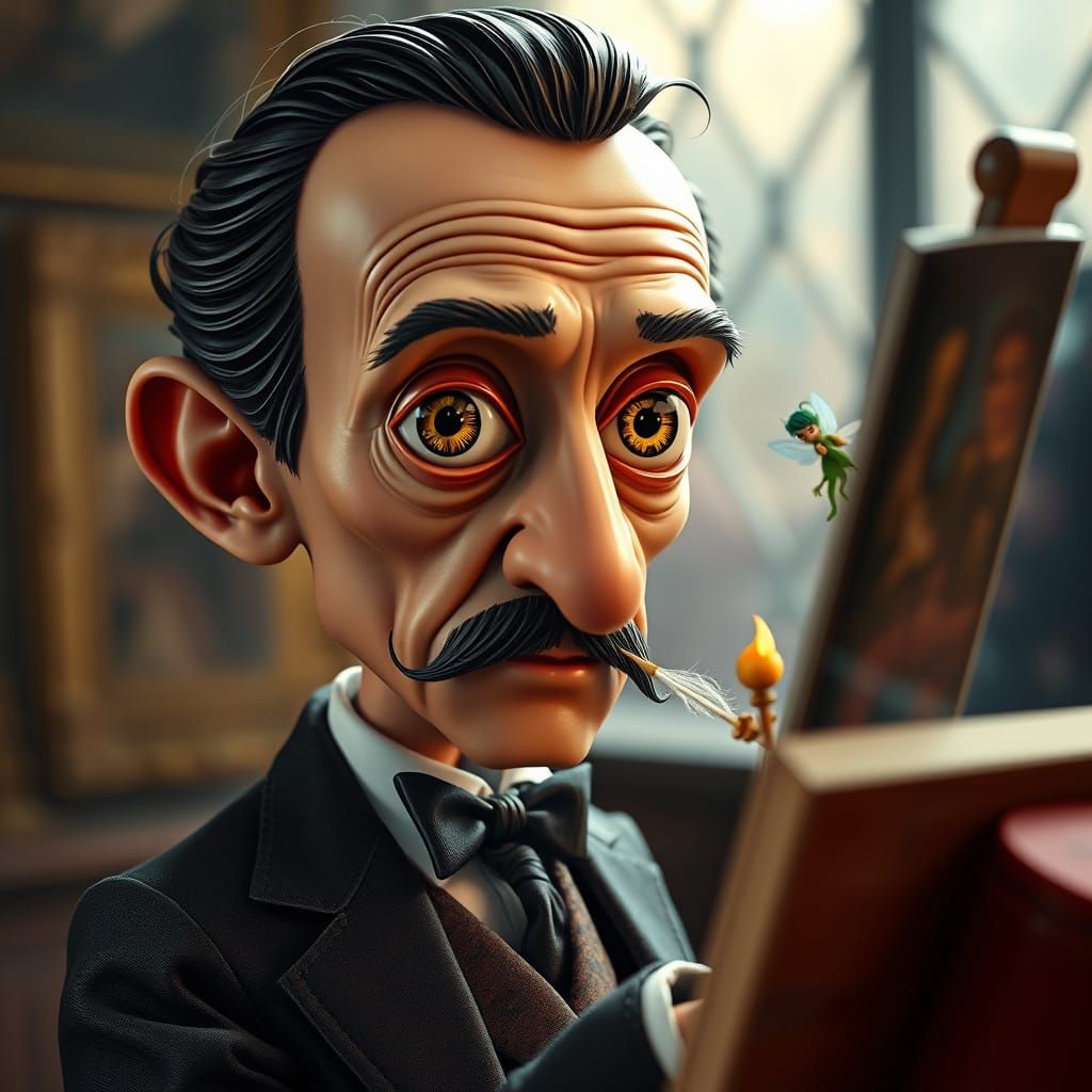 Surreal Chibi Salvador Dali Portrait With Pixie Companion
