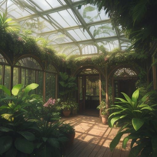 Magical Greenhouse in Vibrant Oil Painting Style