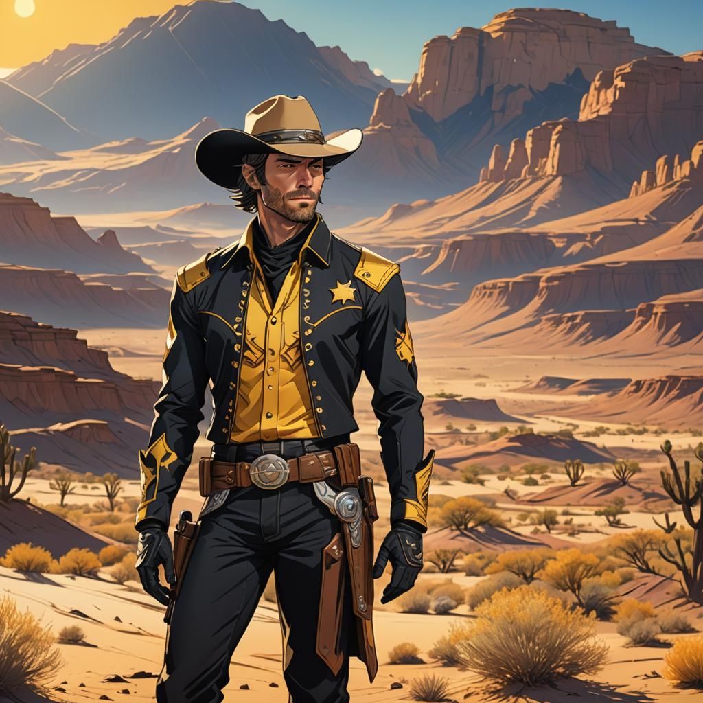 Anime Cowboy in Sun-Drenched Desert Landscape