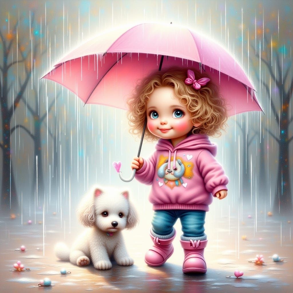 Whimsical Sketch of Girl with Pink Umbrella and Puppy