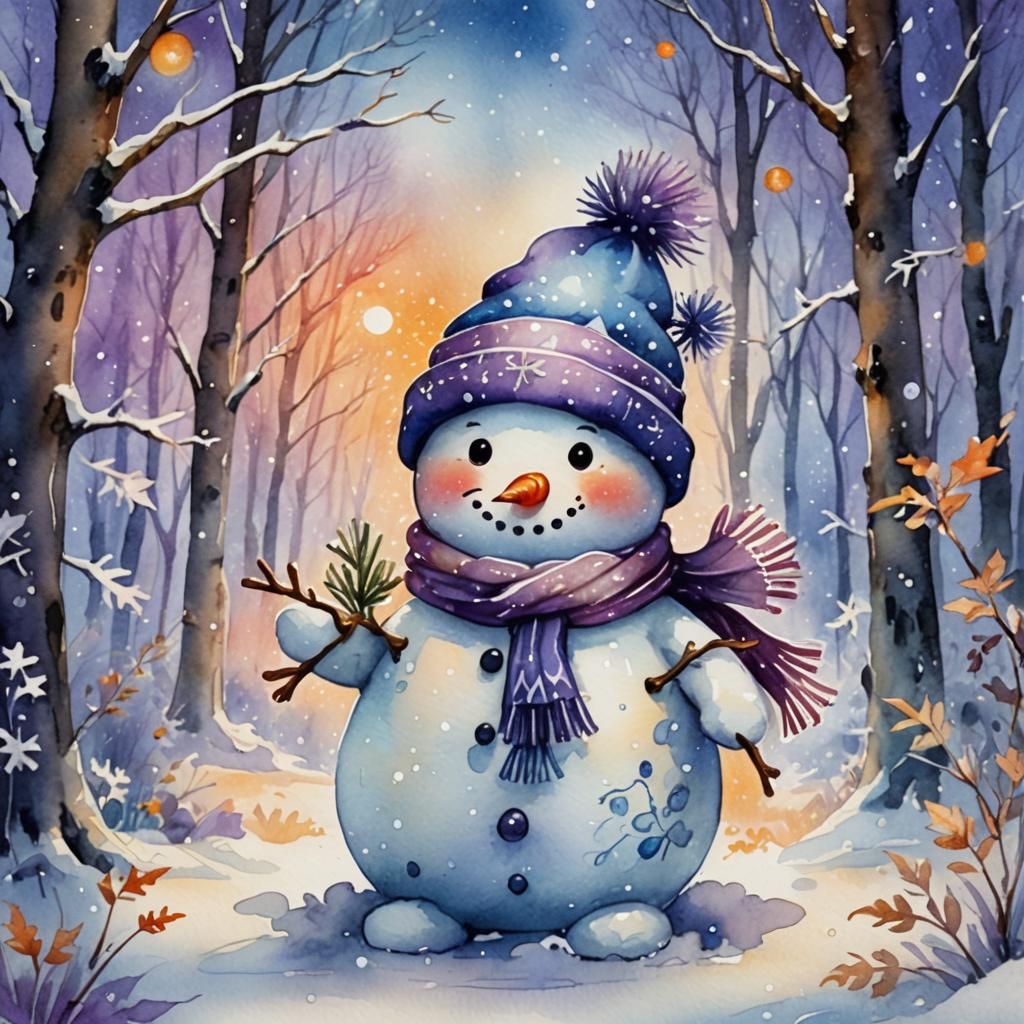 Chibi Snowman in Snowy Forest: Watercolor Fantasy