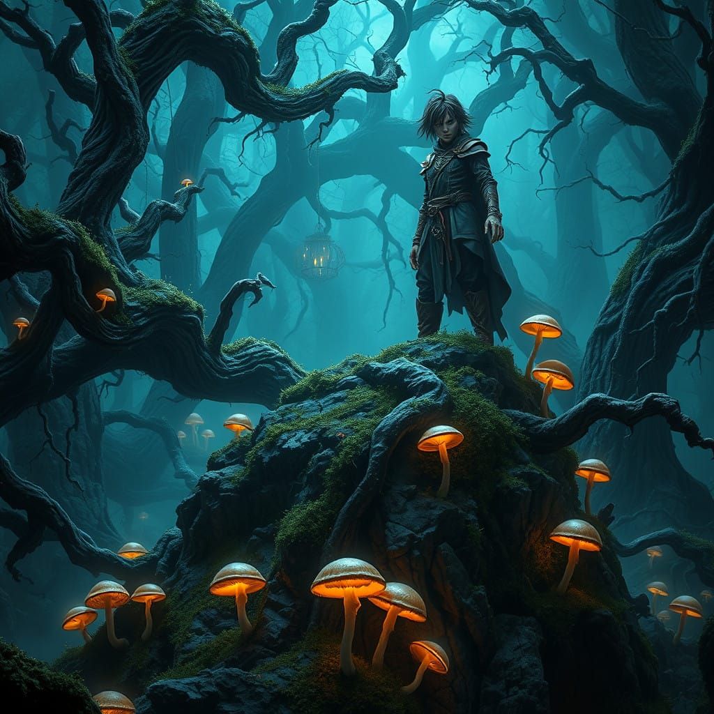 Tormented Figure in Ancient Forest