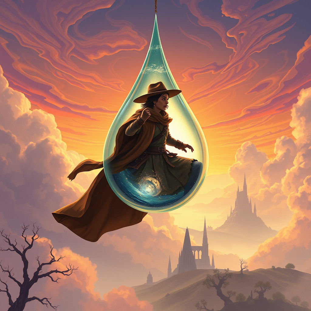 Explorer Soaring in Water Droplet at Sunset