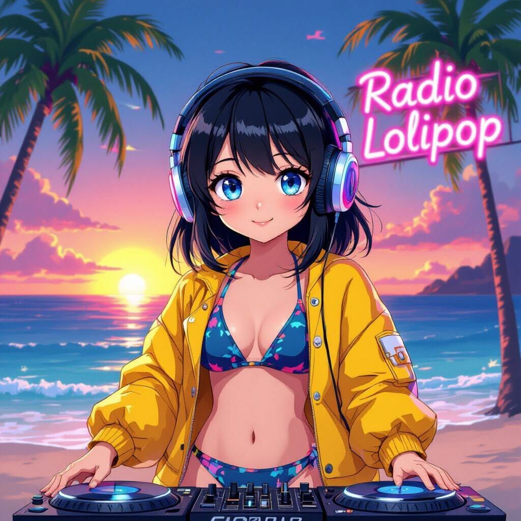 Anime Girl DJing on Beach at Sunset