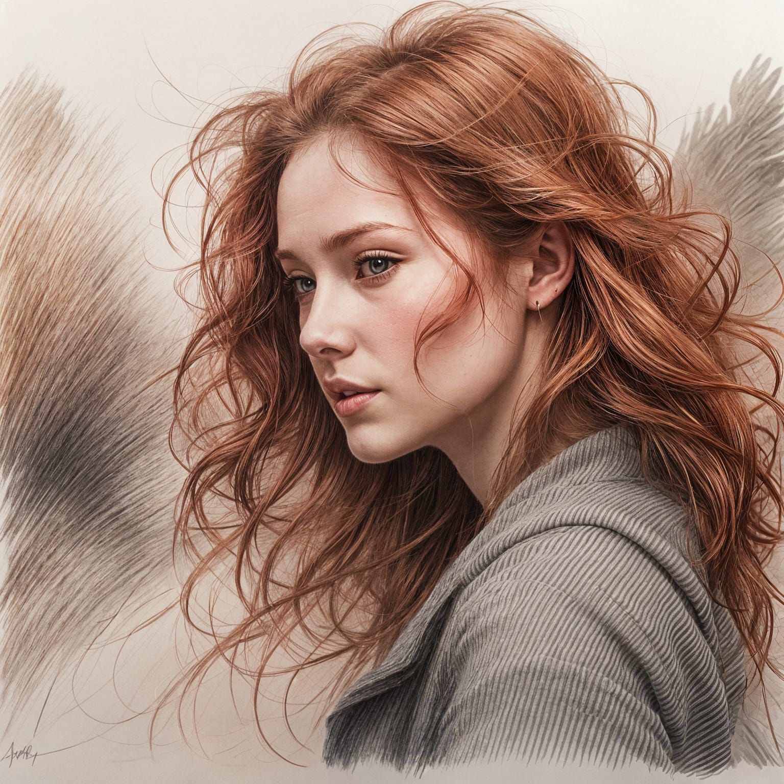 Pencil Sketch of a Girl with Flowing Red Hair