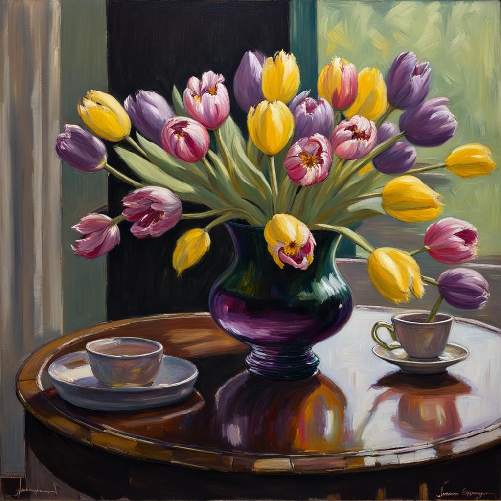 Colorful Feathered Tulips Still Life as Oil Painting