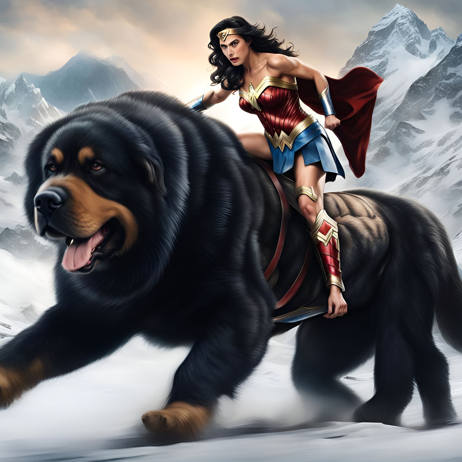Wonder Woman Rides a Mastiff: Hyperrealistic 8K Art
