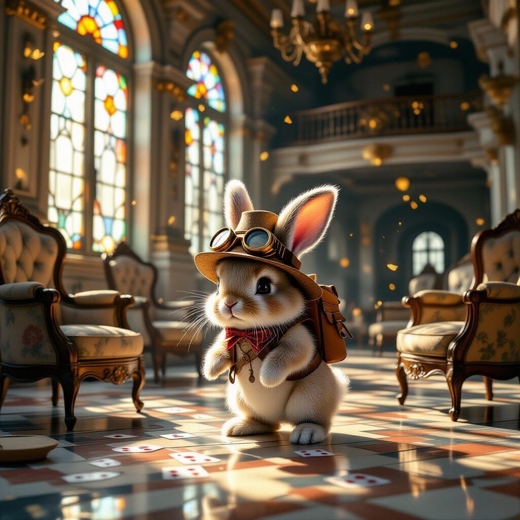 Bunny Adventurer in Dilapidated Hotel Lobby