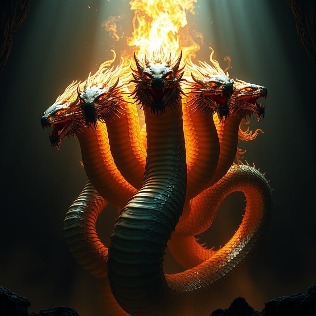 Seven-Headed Serpent of Ancient Wisdom Rises in Fiery Glory