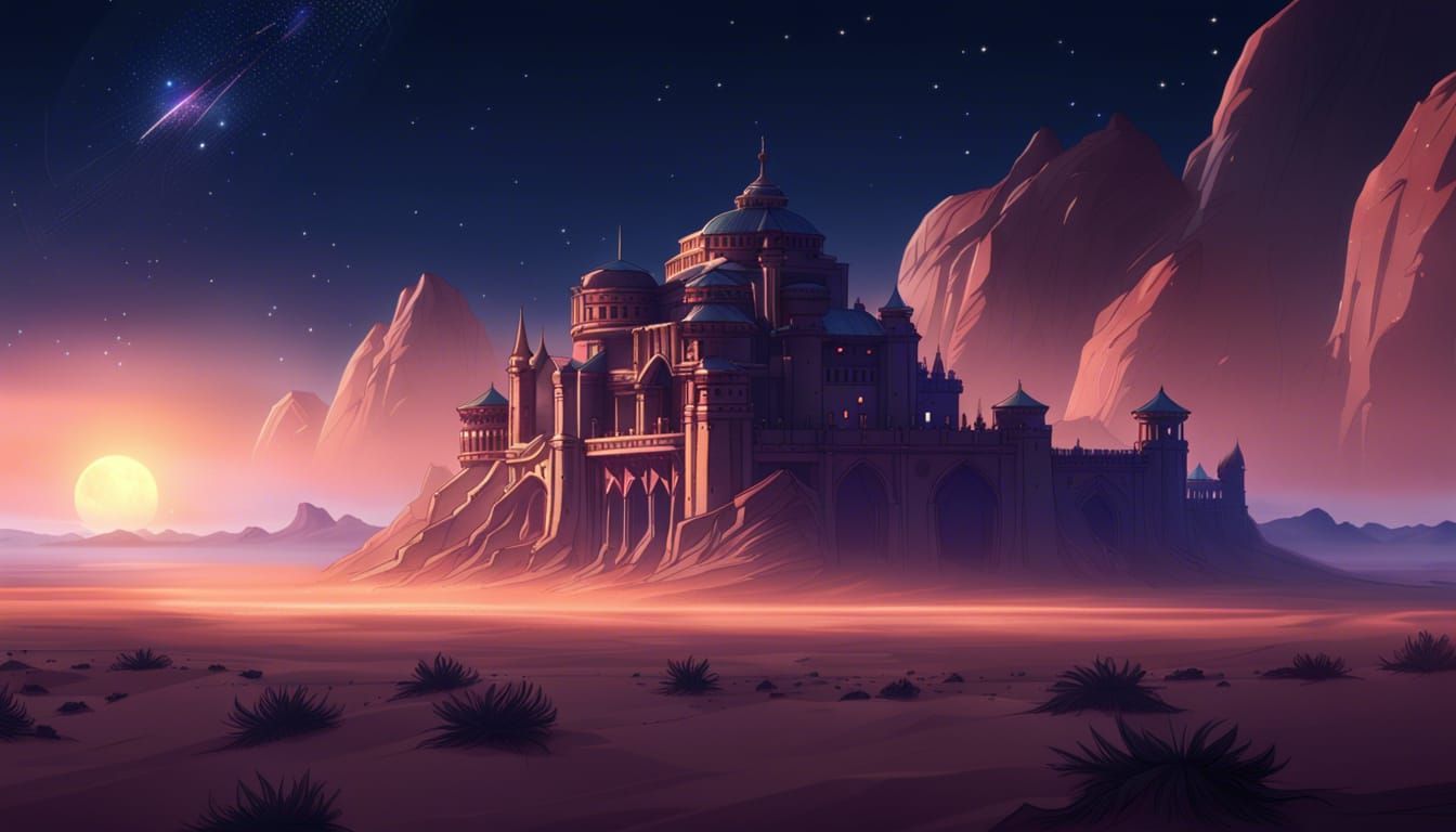 Anime Palace in Desert Under Starry Sunset Sky