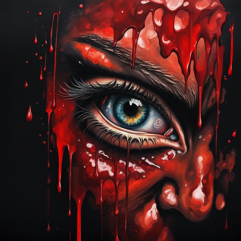 Hyperrealistic Oil Painting: Eye Crying Blood
