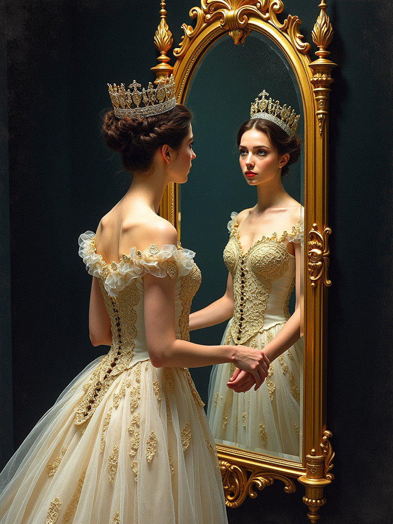 Victorian Queen and Ornate Mirror in Art Nouveau Style