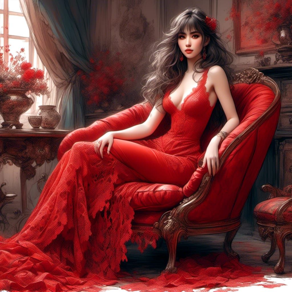 Anime Babe in Red Lace Sketch Portrait