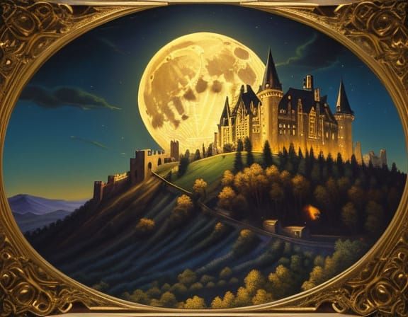 Victorian Castle Under Moon in Impressionist Style