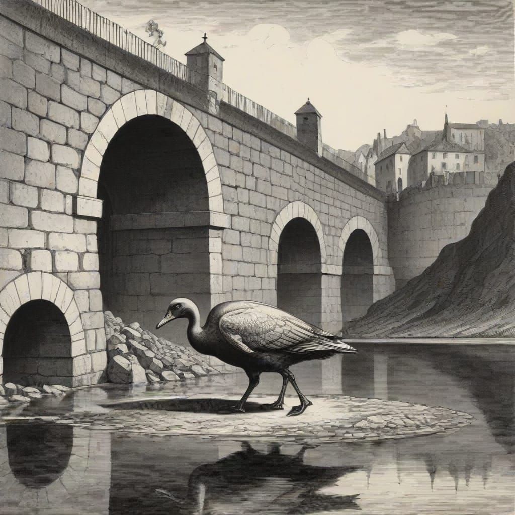 Diseased Goose at Aqueduct: Etching by Goya & Barlach