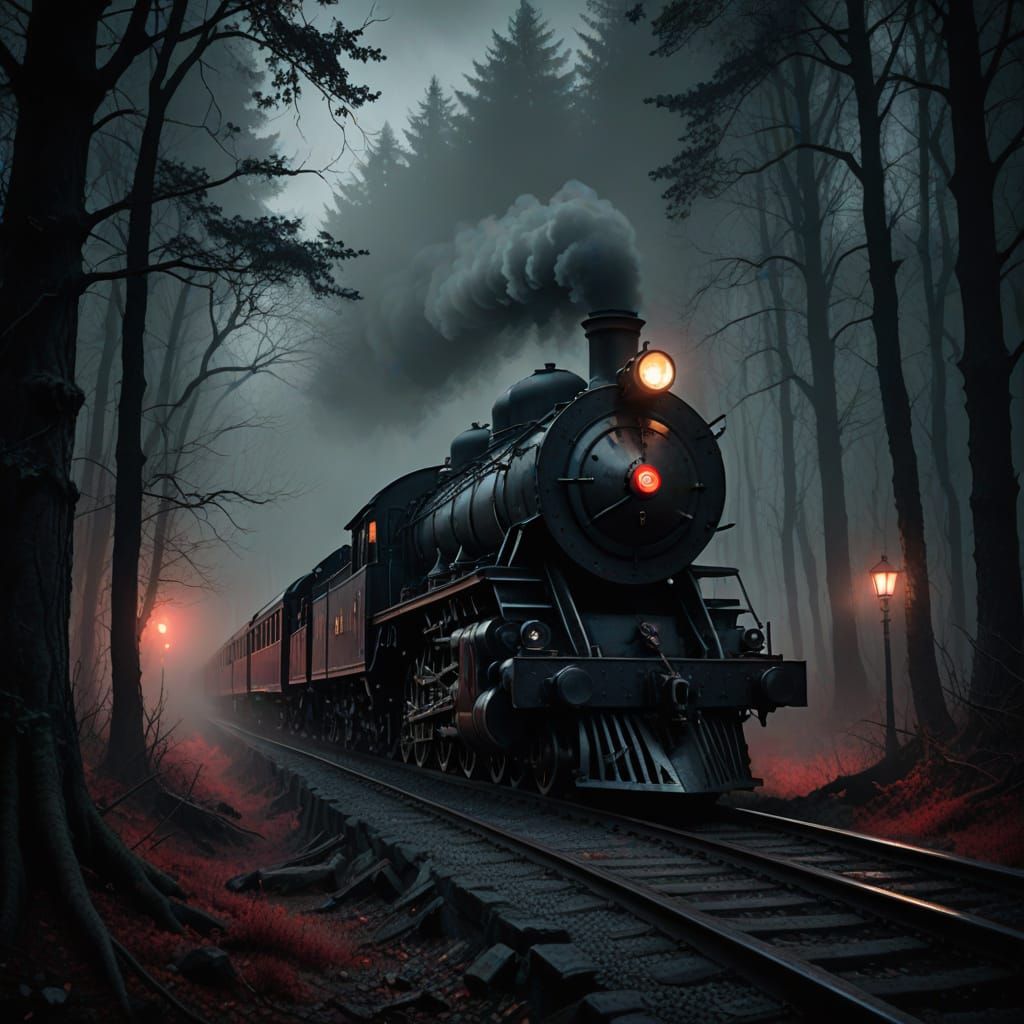 Gothic Steam Train Journey Through Misty Transylvania Forest