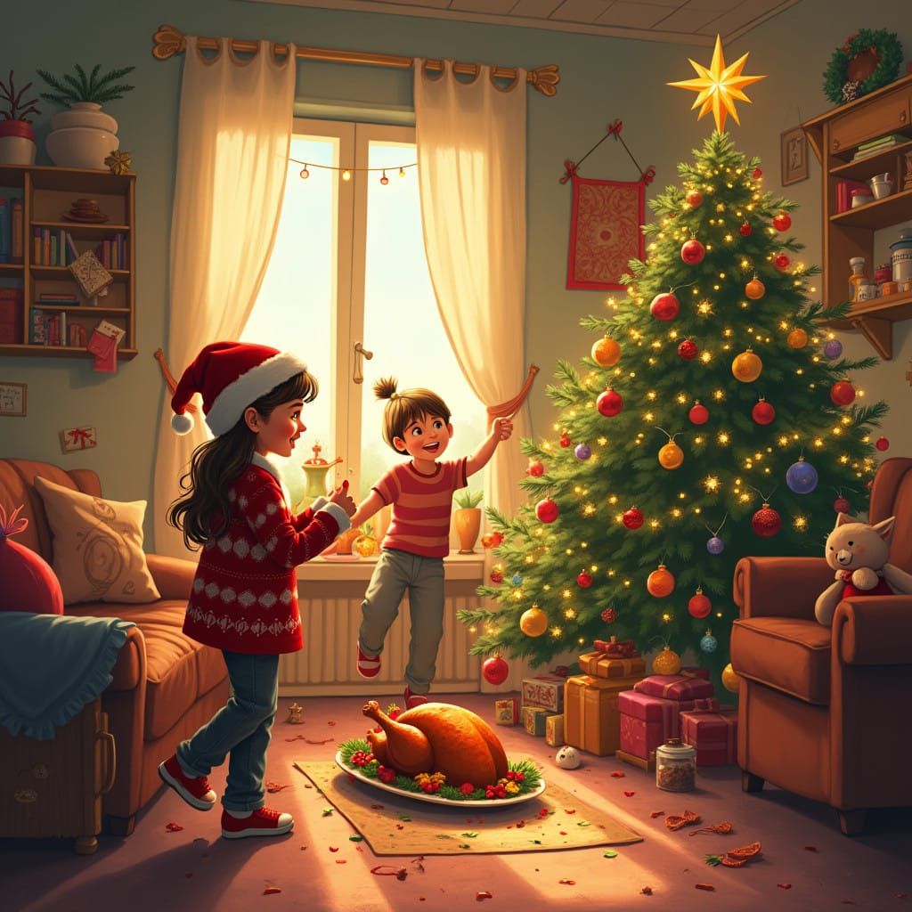 Warm Winter Wonderland Scene with Christmas Tree and Roasted...