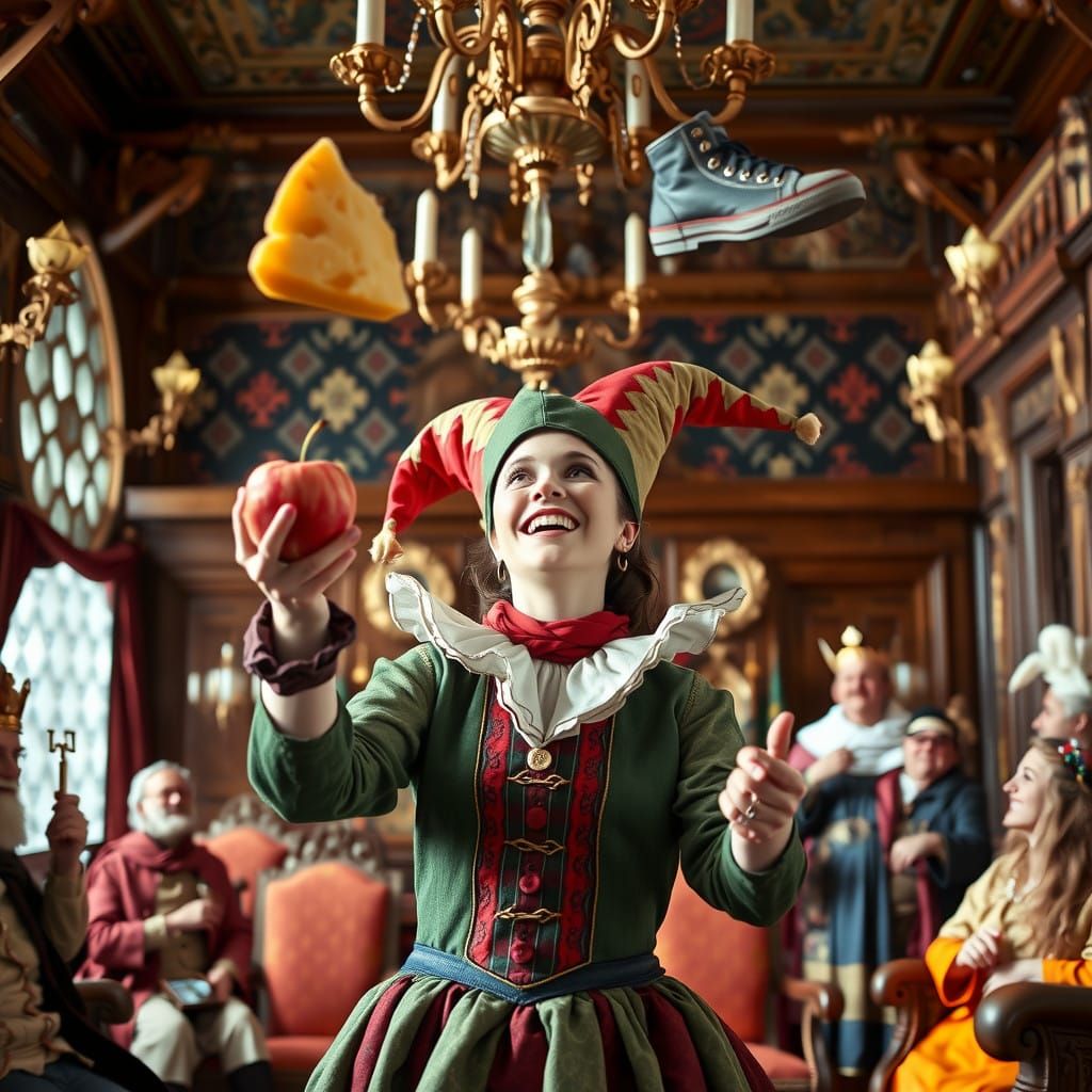 Surreal Female Jester in Whimsical Royal Court
