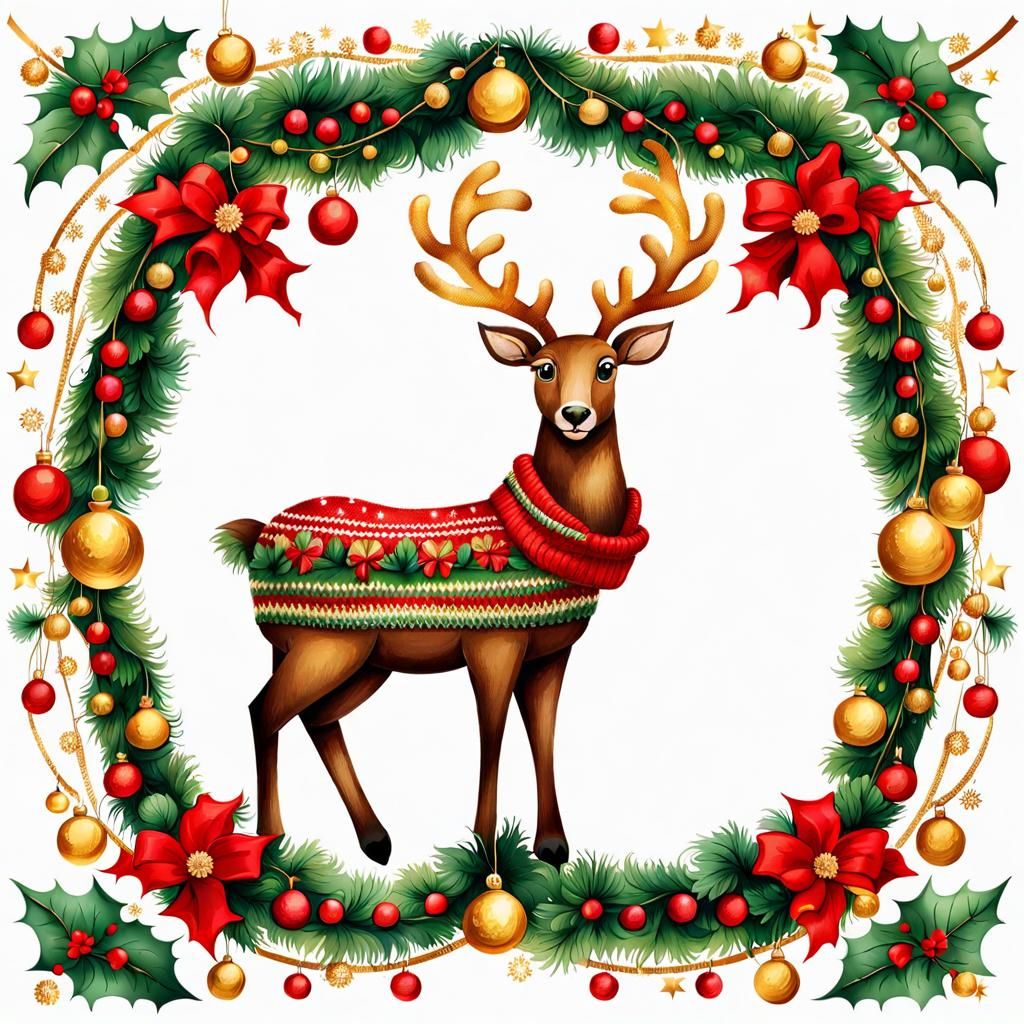 Knitted Christmas Reindeer Sweater in Watercolor Style