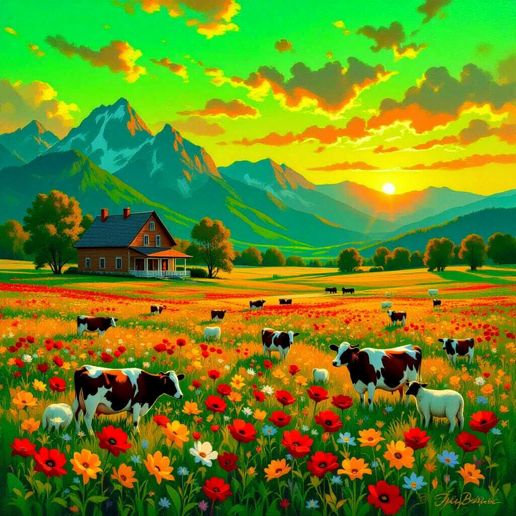 Prairie House at Sunrise with Blooming Meadow