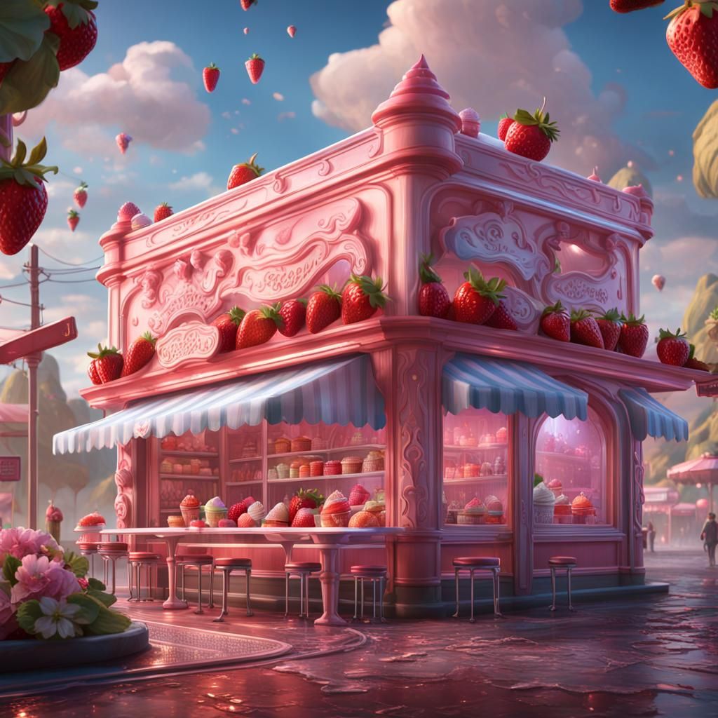 Strawberry Drizzled Ice Cream Shop in Detailed Matte Paintin...