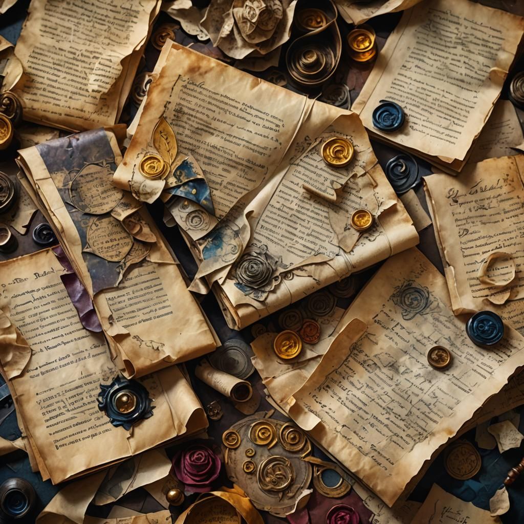 Piles of Ancient Papers in Rich Colors