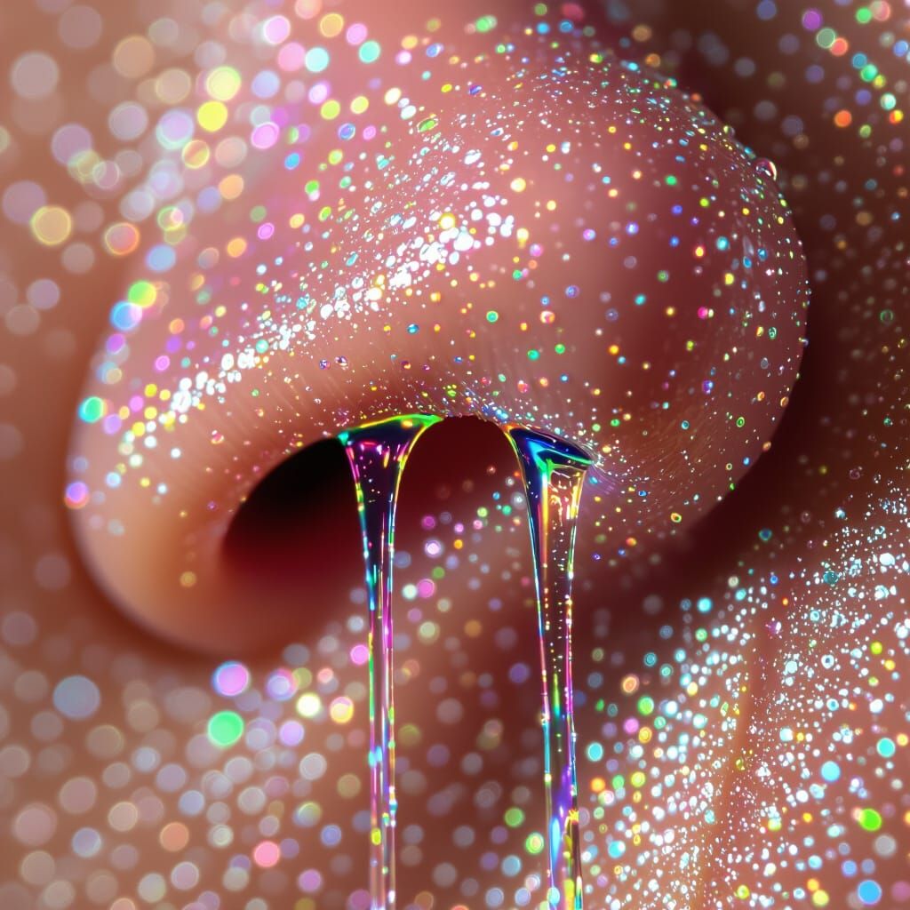 Hyperrealistic Macro Photo of a Nose with Rainbow Snot