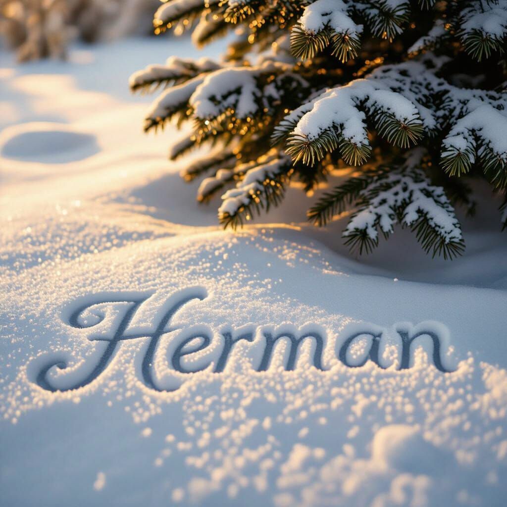 Green Christmas Tree in Snow with 'HERMAN' Carved
