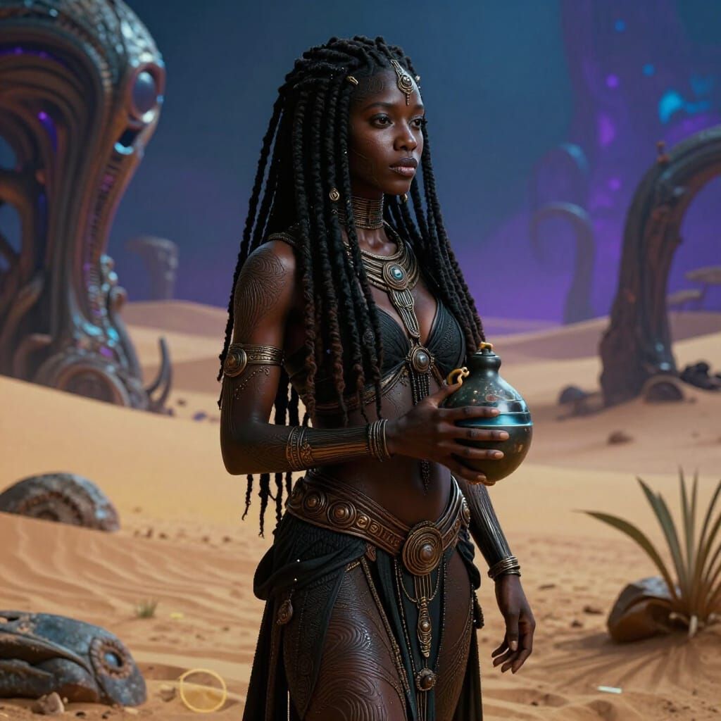 African American Woman at Alien Oasis in Dystopian Style