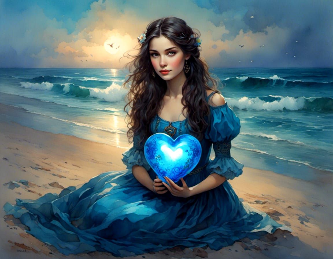Girl with Glowing Heart on Beach in Watercolor