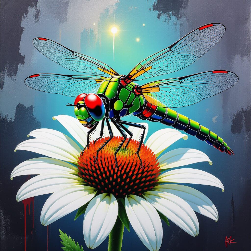 Robotic Dragonfly Terminator Perched on Chamomile