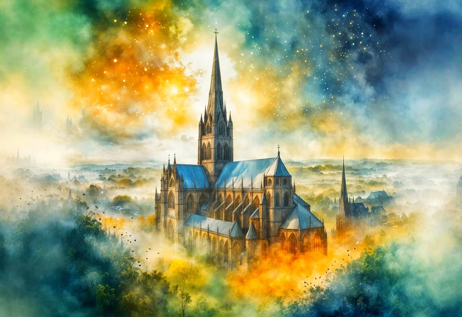 Salisbury Cathedral Ethereal Watercolour Painting