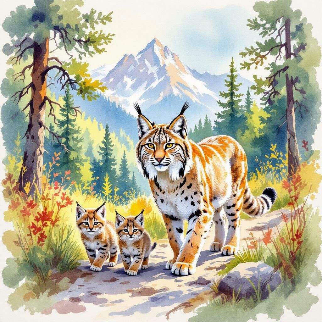Lynx and Kittens in Summer Forest, Watercolor Gouache