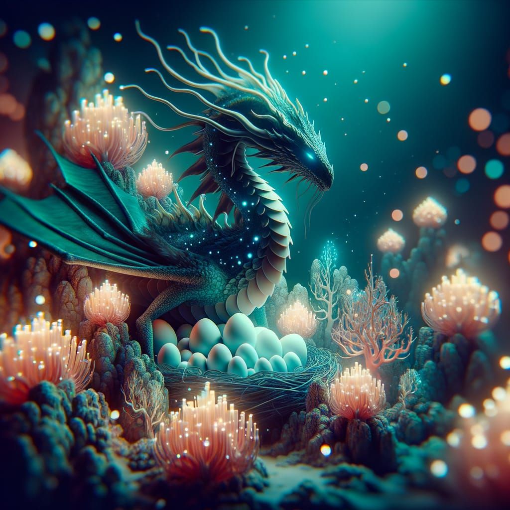 Bioluminescent Sea Dragon Guarding Eggs in Coral Reef