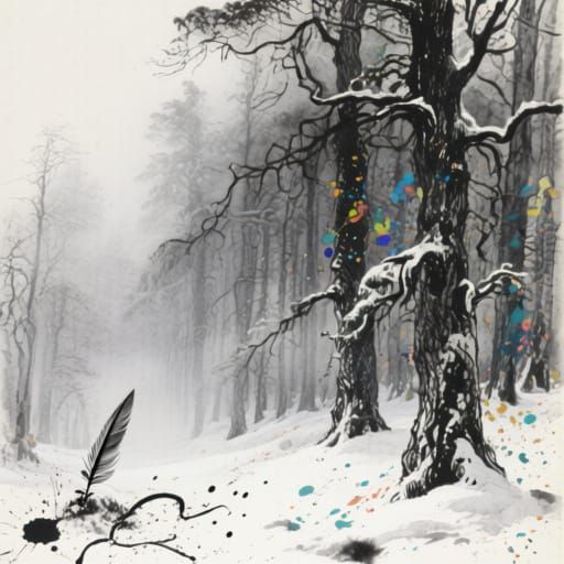 Misty Snow Forest in Expressive Black Watercolor Style