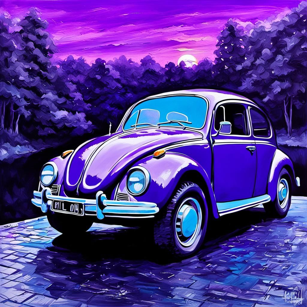 Purple VW Beetle in Rembrandt Inspired Oil Painting