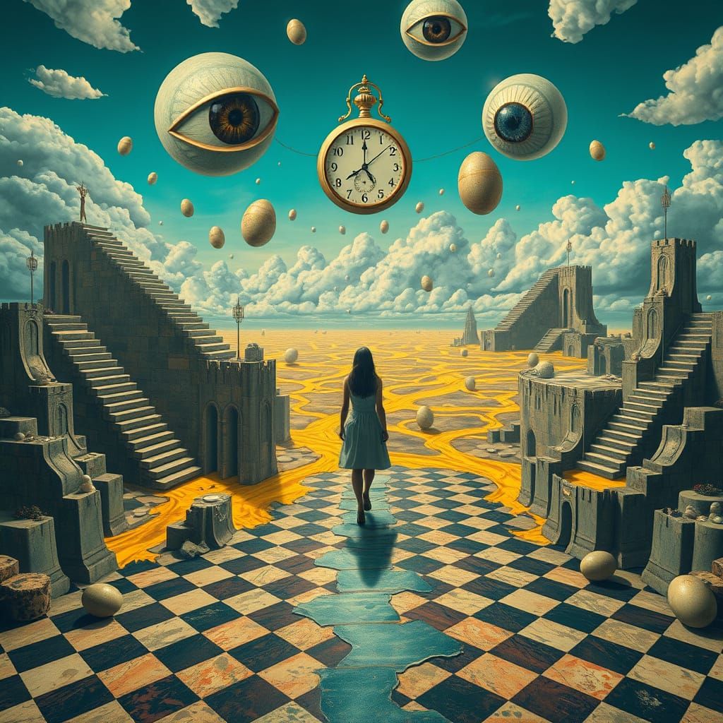 Surreal Dreamscape with Melting Clocks and Eyes