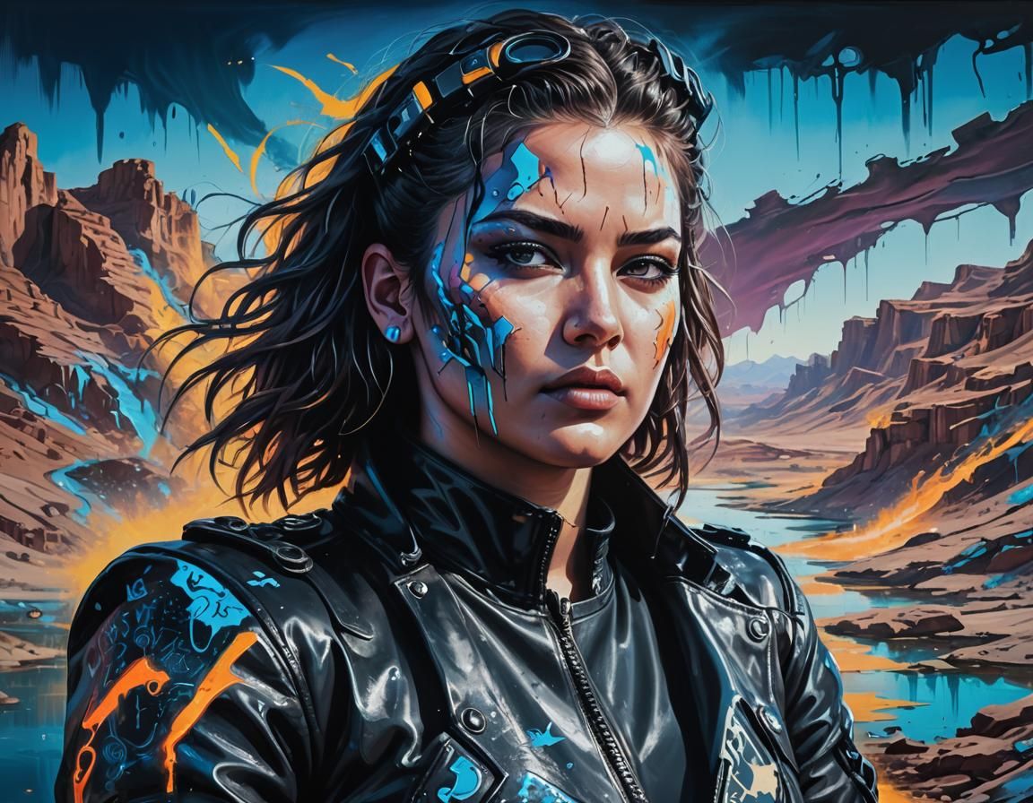 Cyberpunk Woman Creates Art in a Desert Landscape